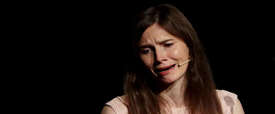 Amanda Knox cries as she attends the conference of the Criminal Justice Festival at the University of Modena, Italy, 15 June 2019. Knox, who was cleared of murdering her British flatmate Meredith Kercher in Perugia after a long legal battle and almost four years in jail, arrived on 13 June in Milan before travelling to Modena to take part in an event at the Criminal Justice Festival. ANSA/ELISABETTA BARACCHI