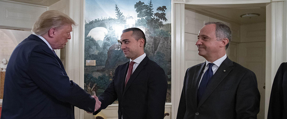 US President Donald J. Trump with Italian Foreign Minister, Luigi Di Maio, at the White House in Washington, DC, USA, 16 October 2019. 
ANSA/QUIRINALE PALACE PRESS OFFICE/FRANCESCO AMMENDOLA
+++ ANSA PROVIDES ACCESS TO THIS HANDOUT PHOTO TO BE USED SOLELY TO ILLUSTRATE NEWS REPORTING OR COMMENTARY ON THE FACTS OR EVENTS DEPICTED IN THIS IMAGE; NO ARCHIVING; NO LICENSING +++