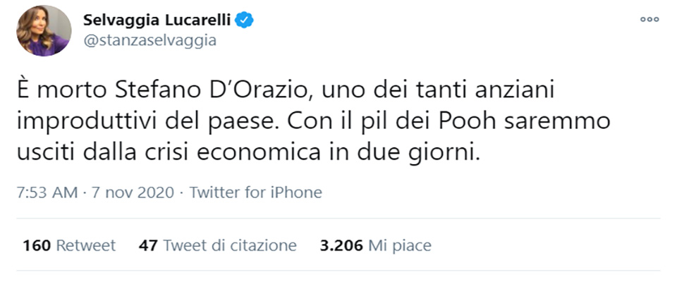 Selvaggia Lucarelli ironizza anche sulla morte di Stefano D’Orazio: “Era anziano e improduttivo”