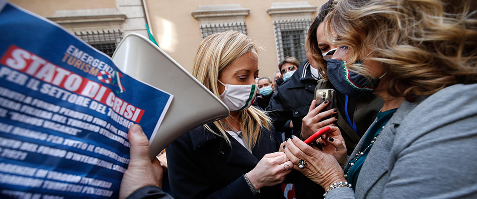 President of Fratelli d’Italia party (FdI) Giorgia Meloni during demonstrate against the measures implemented to stop the spread of the coronavirus pandemic in front Italian Ministry of Culture, in Rome, Italy, 29 October 2020.ANSA/GIUSEPPE LAMI