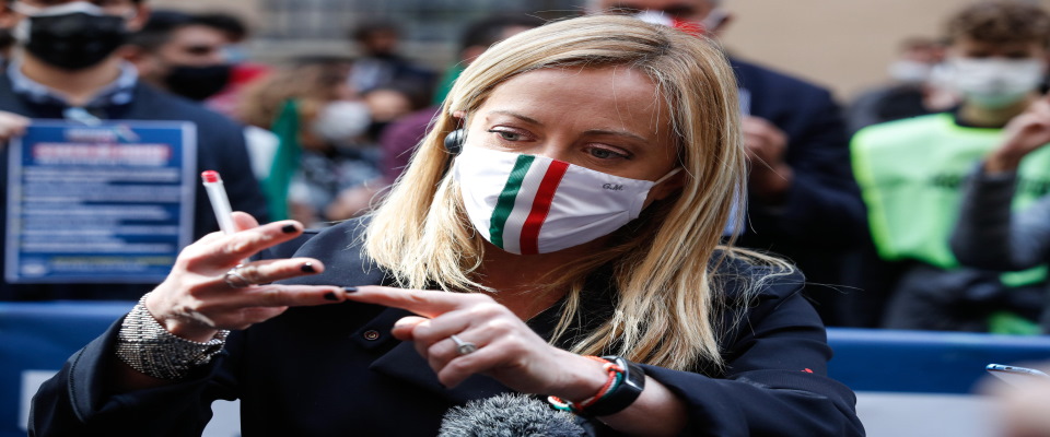 President of Fratelli d’Italia party (FdI) Giorgia Meloni during demonstrate against the measures implemented to stop the spread of the coronavirus pandemic in front Italian Ministry of Culture, in Rome, Italy, 29 October 2020.ANSA/GIUSEPPE LAMI