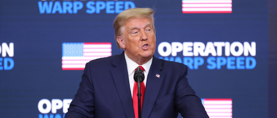 epa08871077 US President Donald J. Trump speaks during an Operation Warp Speed Vaccine Summit in the South Court Auditorium of the of the Eisenhower Executive Office Building at the White House in Washington, DC, USA,  on 08 December 2020.  EPA/Oliver Contreras / POOL