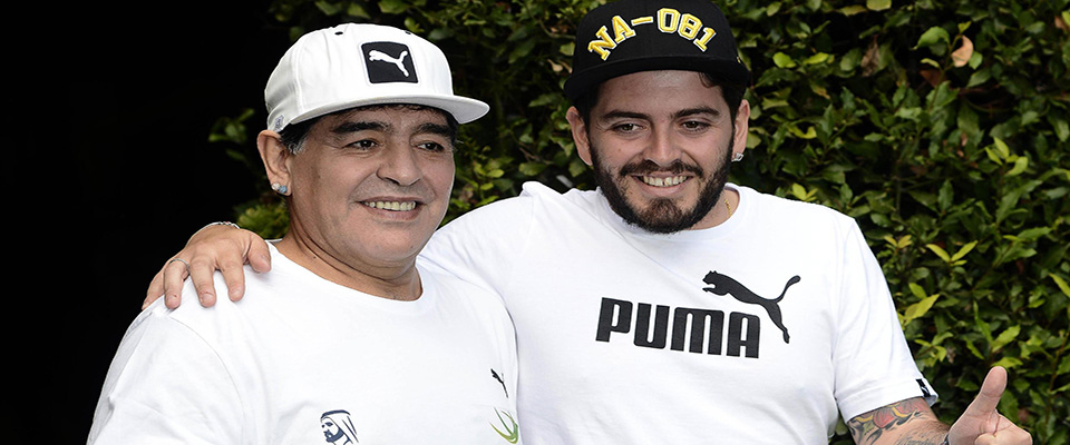 Diego Armando Maradona with his son Diego Armando Maradona jr posing during the photocall for the presentation of the ‘Play of Peace-United for Peace’, in the headquarters’ Rai, Italy’s national public broadcasting company, in Rome, October 10, 2016. It is a charity soccer event born from the desire of Pope Francis, who will be live on Rai1 next Wednesday 12 October at 09:15 pm from the Olympic Stadium in Rome. ANSA/ CLAUDIO ONORATI