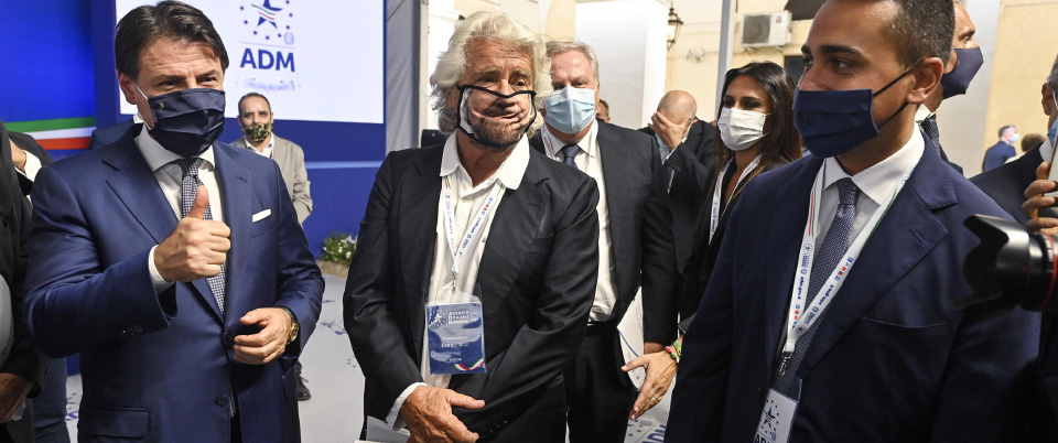 Prime minister Giuseppe Conte (L) with Beppe Grillo (C) and Luigi Di Maio (R), minister of Foreign Affairs, during the presentation of the 2019 Blue Book at the Customs and Monopolies Agency, Rome, Italy, 11 September 2020. ANSA/RICCARDO ANTIMIANI