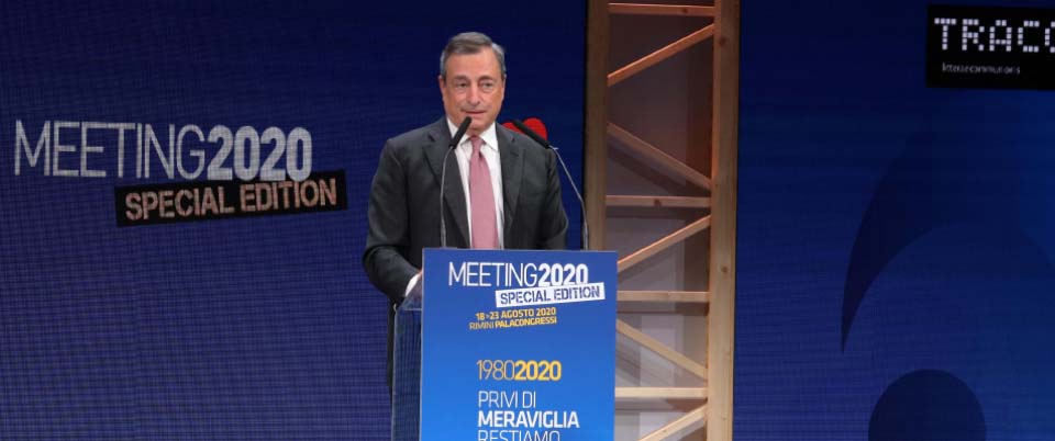 Italian economist and former president of the European Central Bank (ECB), Mario Draghi (C) attends at the Rimini Meeting (Meeting per l’amicizia fra i popoli, or Meeting for friendship among peoples) in Rimini, Italy, 18 August 2020.  ANSA/PASQUALE BOVE