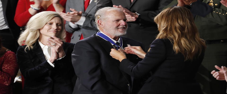 epa09019282 (FILE) – US First Lady Melania Trump places the Presidential Medal of Freedom on Rush Limbaugh (C) as US President Donald J. Trump announces the awarding of the medal as he delivers his State of the Union address during a joint session of congress in the House chamber of the US Capitol in Washington, DC, USA 04 February 2020(reissued 17 February 2021). Conservative US radio talk show host Rush Limbaugh has died at age 70 on 17 February 2021.  EPA/SHAWN THEW *** Local Caption *** 55849521