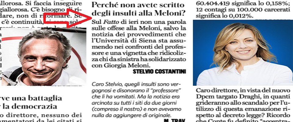 Un lettore del Fatto mortifica Travaglio e la Lucarelli: “Neanche una parola di solidarietà alla Meloni”