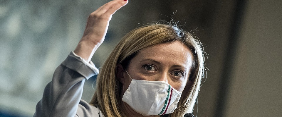 Giorgia Meloni of Fratelli d’Italia (FdI) meets the press after a meeting with premier-designate Mario Draghi for the formation of a new government, in Rome, Italy, 09 February 2021. Designated prime minister Draghi is holding consultations with Italian parties for the formation of a new government after the previous coalition collapsed. ANSA/ROBERTO MONALDO / LAPRESSE / POOL