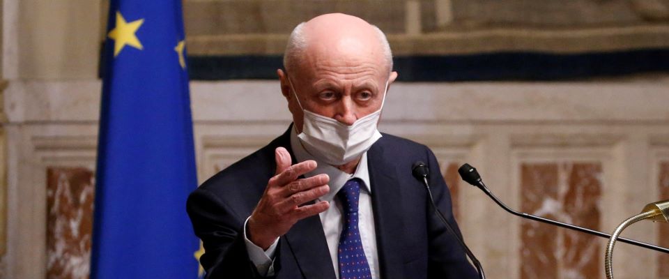 Bruno Tabacci member of Centro Democratico, during a press conference after meeting with designated-prime minister Mario Draghi, for the formation of a new government after the resignation of Prime Minister Giuseppe Conte, Rome, 04 February 2021 ANSA/FABIO FRUSTACI