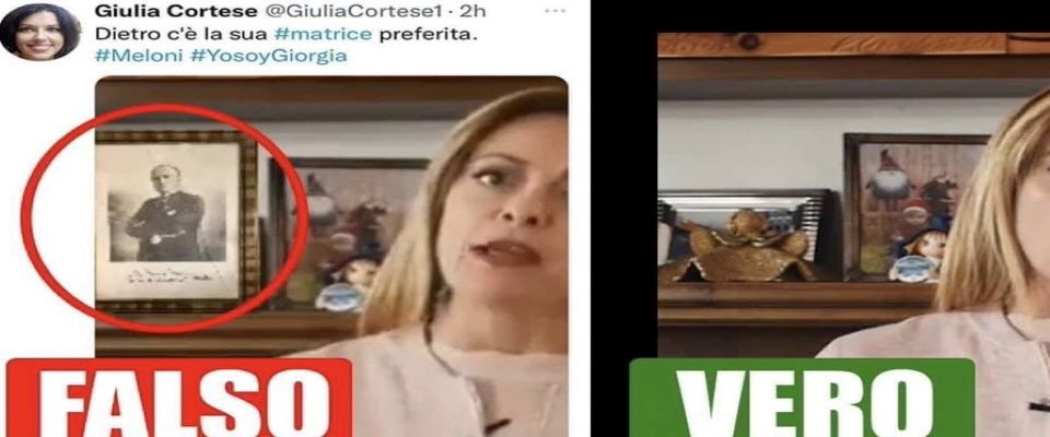 Dietro la Meloni spunta la foto del Duce. E’ un falso, ma la cronista antifascista la posta lo stesso…