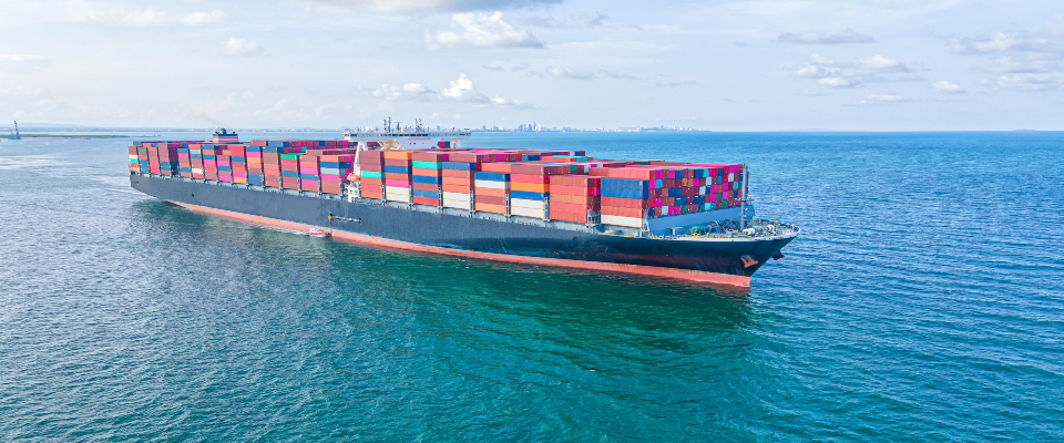 Container , container ship in export and import business and logistics. Shipping cargo to harbor by crane. Water transport International. Aerial view and top view.