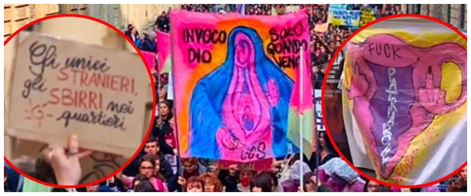 Madonna a forma di vagina: blasfemia e degradazione al corteo “transfemminista”. Ira di FdI