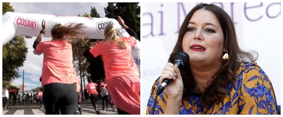 Women Run in Spagna a Madrid, chiamata anche Carrera de la Mujer e, a destra, la femminista bisessuale Ángela Rodríguez Pam, segretaria di Stato per l’Uguaglianza e la Parità di Genere in Spagna  che ha accusato di sessismo gli organizzatori della maratona in rosa