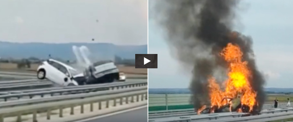 Contromano e schianto sull’autostrada serba: il video ripreso dell’altra corsia con il rogo dell’auto