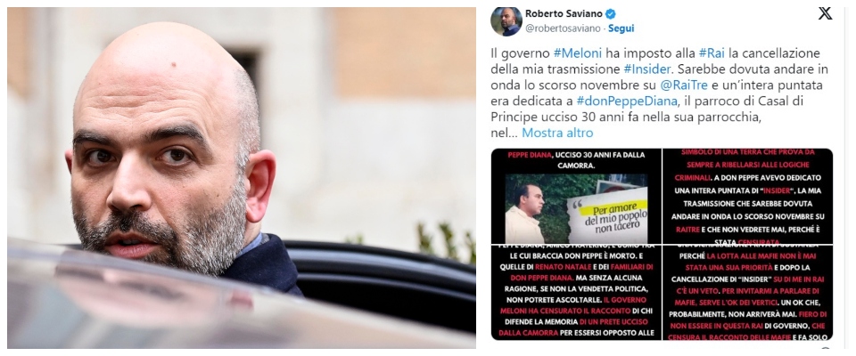 Saviano, lagna e delirio: “La Meloni mi cacciò dalla Rai perché non le interessa la lotta alla mafia”