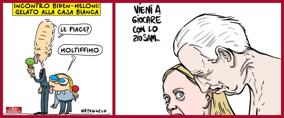 Squallore senza fine contro Meloni: le vignette di Natangelo e Improta spacciate per satira