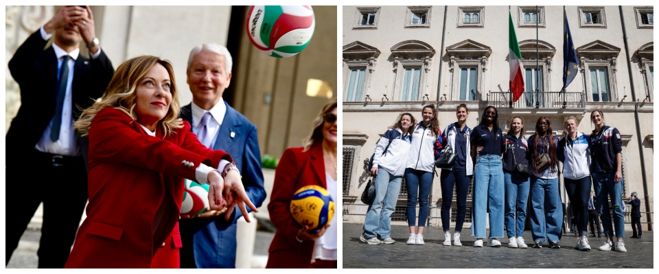 Meloni pallavolista: palleggia con Egonu e le campionesse del volley nel cortile di Palazzo Chigi (video)