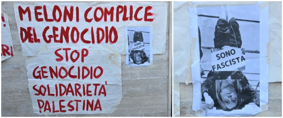 Al corteo di Fasano Meloni a testa in giù con la scritta “sono fascista”: ecco i pacifisti anti G7