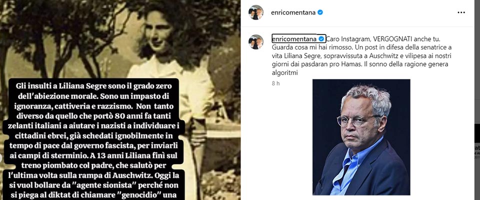 L’ira di Mentana: difende la Segre dalla sinistra pro-Pal, Instagram lo censura. “Vergogna!”