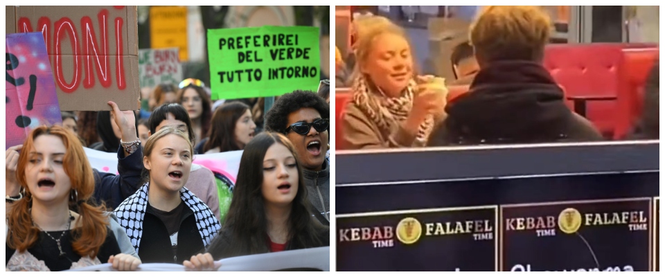 Greta sfila a Milano, ma i social si scatenano per il suo kebab: non facevi la crociata vegana? (video)