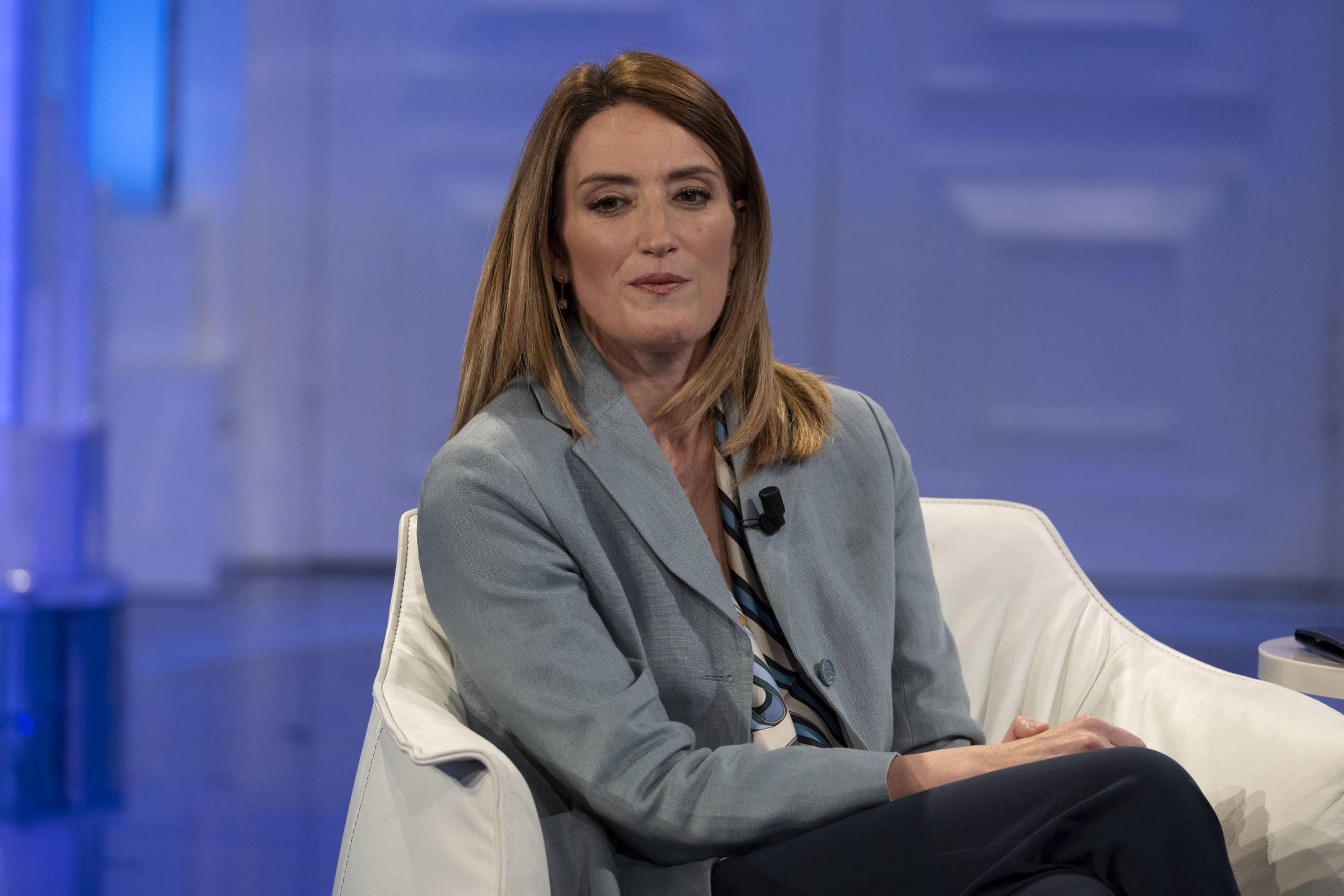 European Parliament President Roberta Metsola, attends the Italian Raiuno Tv program Porta a porta, conducted by journalist Bruno Vespa, in Rome, Italy, 24 October 2024. ANSA/MASSIMO PERCOSSI