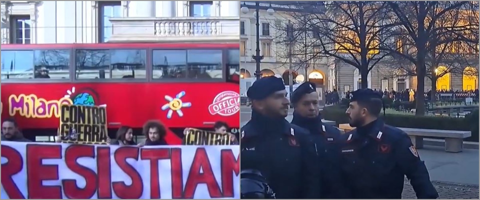 Proteste alla Scala: blitz dei centri sociali con la foto di Meloni nell’aiuoletta di letame