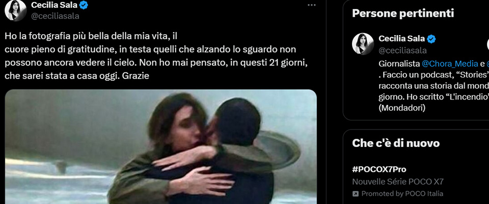 Cecilia Sala, il primo post: “Ho il cuore pieno di gratitudine, mai pensato di essere a casa oggi”