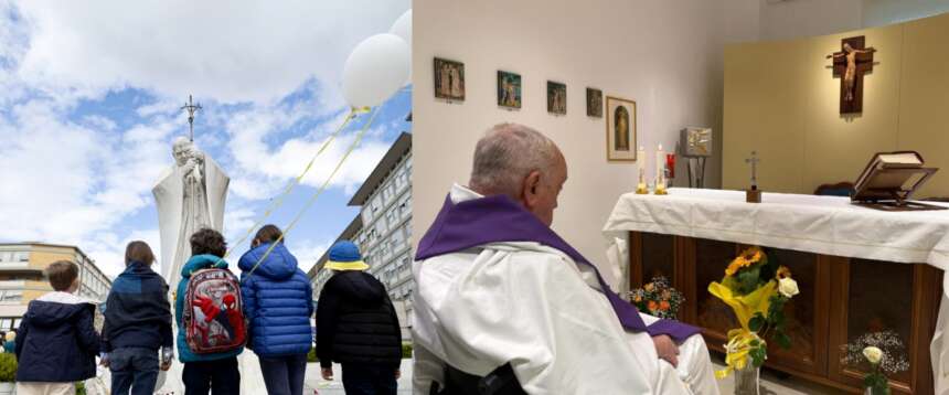 La prima foto di Bergoglio dal Gemelli: trecento bambini pregano sotto la finestra del Papa